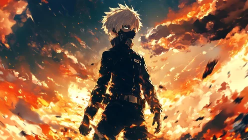 Masked fireborn warrior strides through a sky of embers.