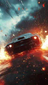 Muscle car drifting through cinematic firestorm at night.