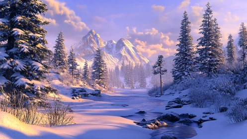 Soft winter sunrise over peaceful snowy mountain valley.