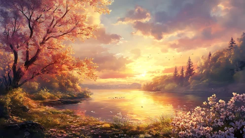 Sunset paints blossom-laced riverbanks in molten spring light