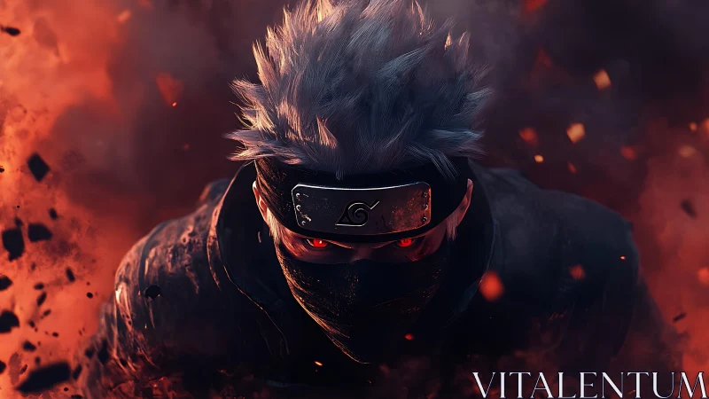 Fiery masked warrior stepping from swirling embers with resolve.