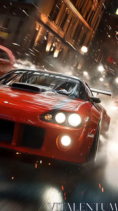 Red tuned sports coupe drifting through wet neon city street