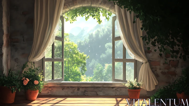 Sunlit arched window framing volumetric forest panorama.