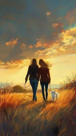 Sunset walk unites two friends and a dog in golden fields.