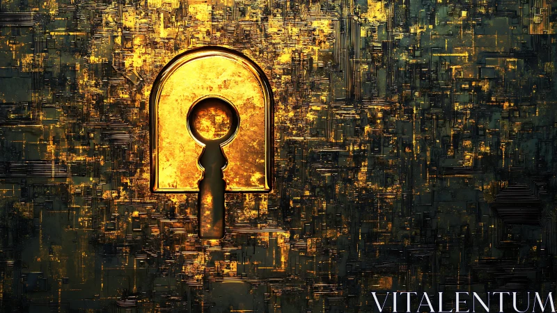 Golden keyhole portal embedded in abstract circuit wall.
