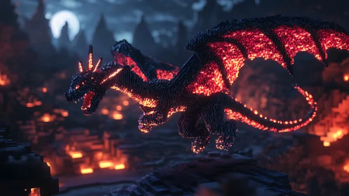 Glowstone dragon soars above a lava lit fantasy valley.