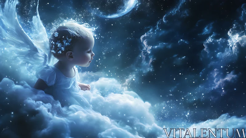 Baby angel with wings floats in luminous night sky clouds