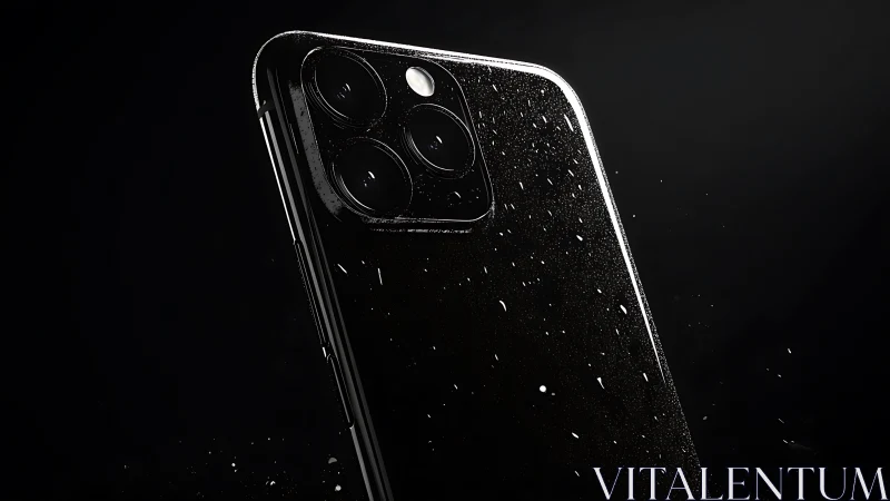 Sleek black smartphone with triple camera and water droplets.