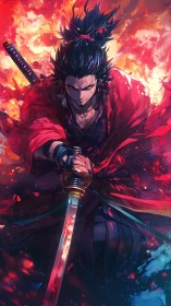 Samurai warrior charges through blazing abstract inferno