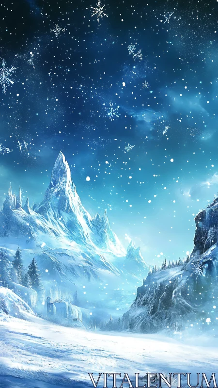 Glacial spires rise beneath a starlit, snow-filled winter sky