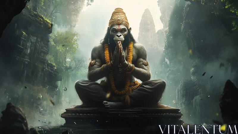 Serene monkey deity rests in meditation within misty ruins