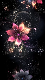 Digital floral abstraction arranges luminous petals on black