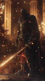 Firelit black knight stands guard with blazing sword.