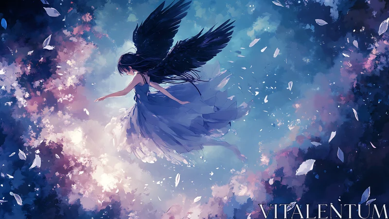 Fallen angel drifting through luminous celestial clouds.