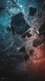 Shattered glass shards glow in cold blue and vivid red light.