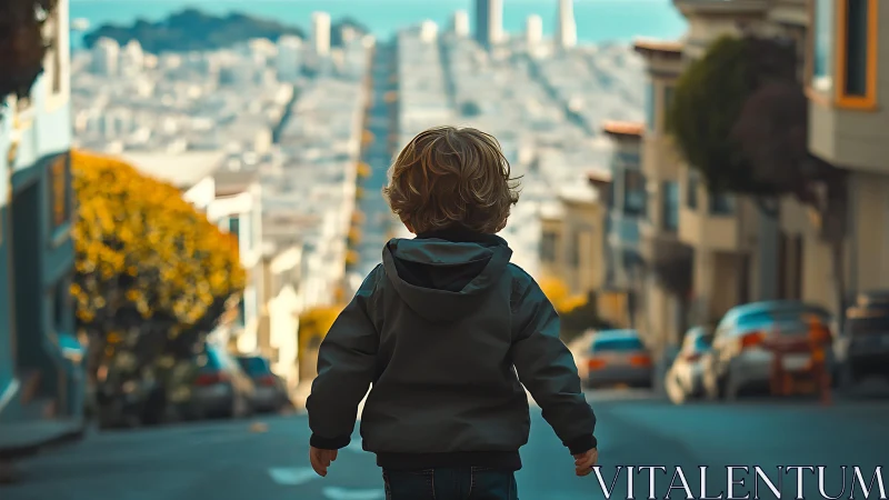 Small explorer surveys a sunlit city descending to the sea