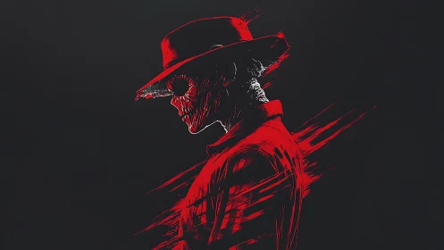Red skeletal figure in hat stands in profile on black background