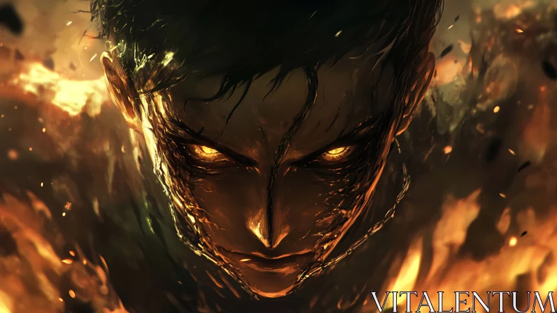Intense fiery-eyed figure emerging from burning darkness.