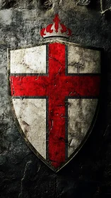 Weathered crusader shield with red cross and crown emblem