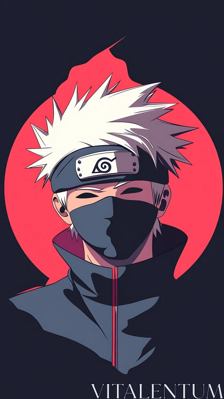Masked silver haired ninja portrait against red moon.