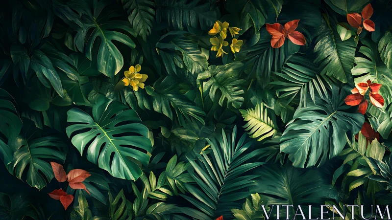 Lush tropical leaves with bright blossoms in a cozy jungle.
