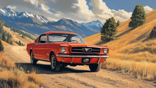 Classic red Mustang on mountain dirt road at golden hour.