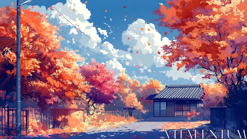 Autumn trees surround a small house under bright blue sky