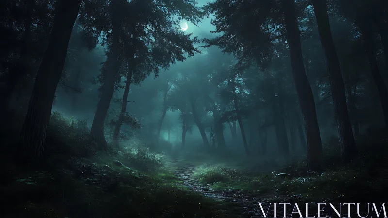 Moonlit Forest Stream at Night.