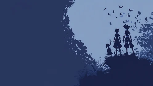 Silhouetted trio observe distant sky filled with circling birds