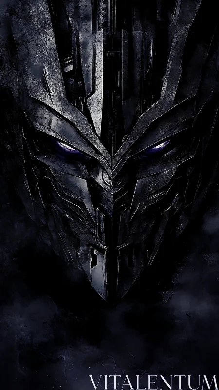 Nocturnal cybernetic war helm with faceted alloy surfaces.