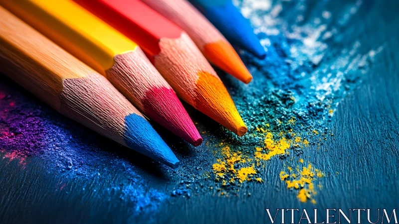 Macro study of colored pencils on textured pigment field.