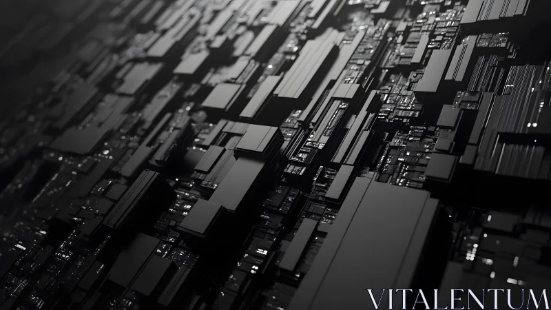 Futuristic Black Geometric Cityscape in Abstract 3D Digital Art.