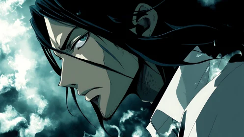 Stormlit anime portrait of stern man in profile with clouds