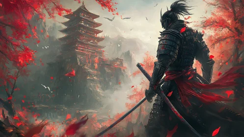 Samurai in crimson leaves before a misty mountain temple.