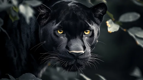 Black panther portrait with golden eyes and foliage background.