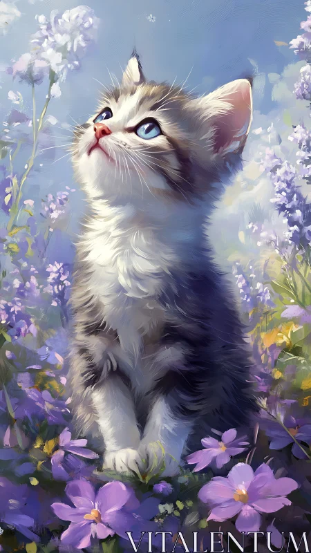 White Kitten with Blue Eyes Surrounded by Purple Flowers