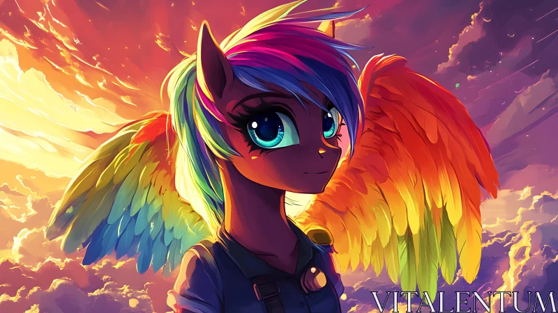 Radiant rainbow pegasus basking in a glowing sunset sky.