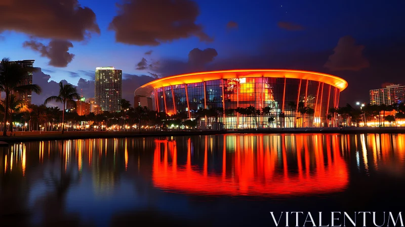 Glowing waterfront arena wrapped in warm sunset reflections.