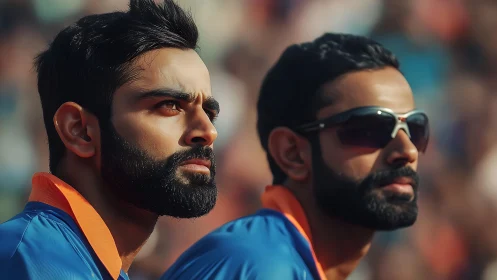 Two male athletes in blue jerseys observe the field closely