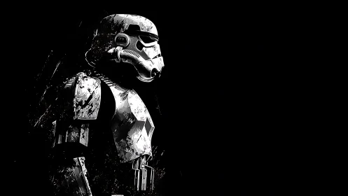 Monochrome sci fi soldier rendered in high contrast profile.