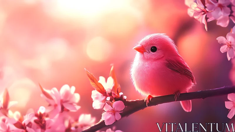 Pink songbird on cherry blossom branch at sunset glow.
