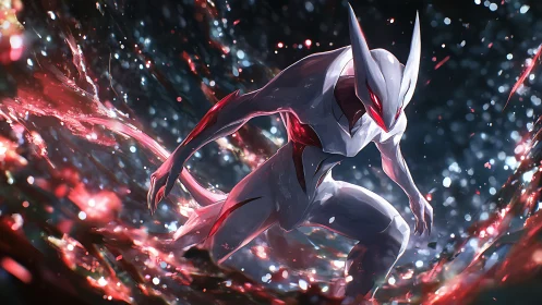 Futuristic alien warrior surges through crimson energy vortex.