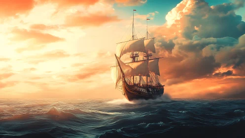 Majestic tall ship cuts across sunset-lit ocean waves.