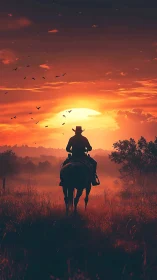 Digital painting of lone rider crossing a backlit sunset field.