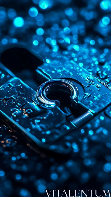 Unlocked chrome padlock in neon raindrops of electric blue.