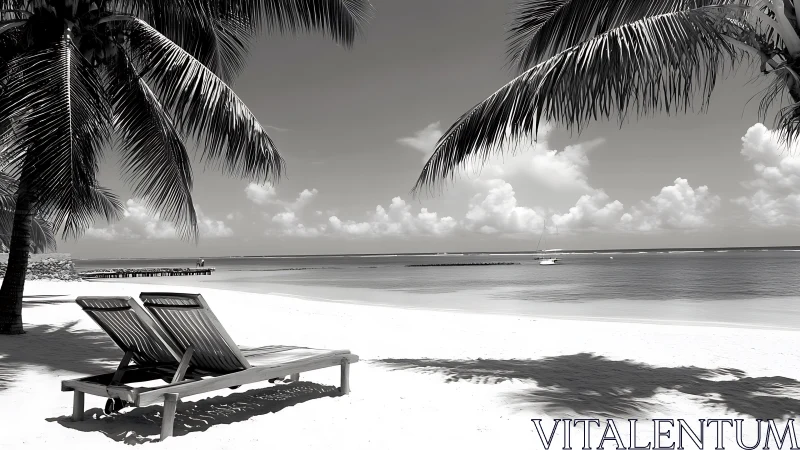 Monochrome tropical shoreline frames dual loungers in shade