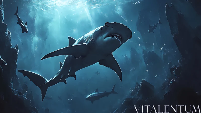 Predatory shark rendered in cinematic deep-sea digital painting