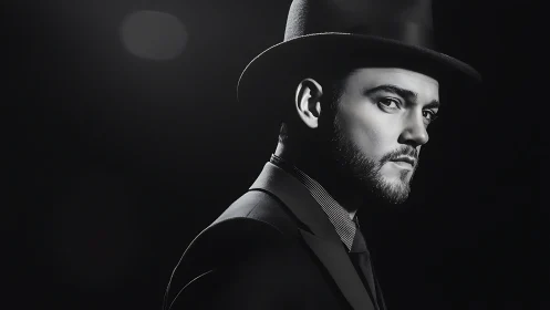 Dapper gentleman in top hat gazes over his shoulder.