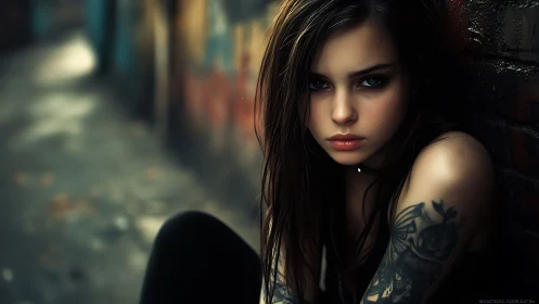Tattooed girl rests in moody urban alleyway glow