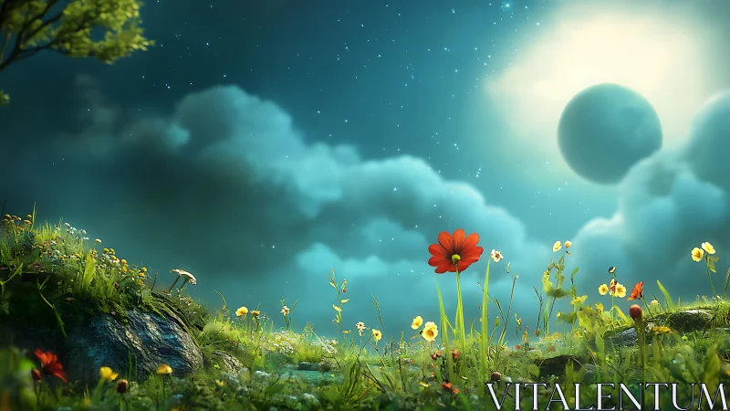 Dreamlit meadow of wildflowers under a gentle moonlit sky.